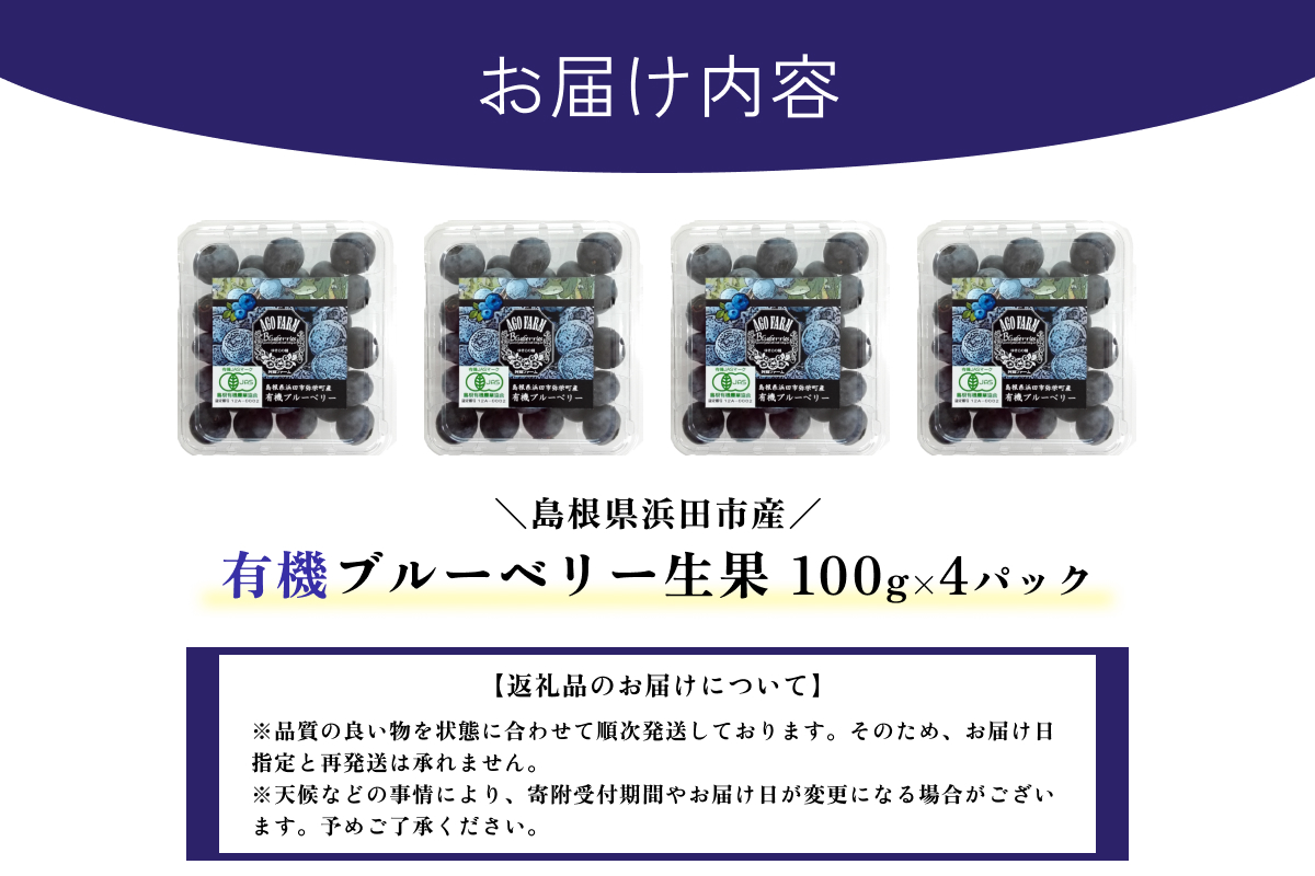 【先行予約】有機ブルーベリー 100g×4パック（島根県浜田市産） 【208_0001】