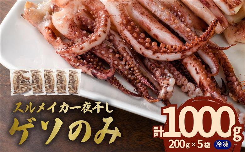 【訳あり】スルメイカ一夜干し”ゲソのみ” 計1kg（200gｘ5袋） 産地直送 干物 人気 大容量 小分け 訳あり 焼き 揚げ物 塩味付 いか ゲソ おつまみ 一夜干し 【005_0140】
