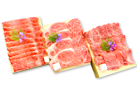 E-299 【定期便】松永和牛A5ランク　焼肉・しゃぶしゃぶ・ステーキ 3回コース 【牛肉 定期便 松永和牛 3回定期 焼肉用 リブロース 500g しゃぶしゃぶ用リブロース 600g サーロインステーキ 600g 150g×4枚 肉 和牛 黒毛和牛 まつなが牛 A5ランク ステーキ 冷凍 コース 定期 贅沢 豪華 記念日 お祝い 全3回】