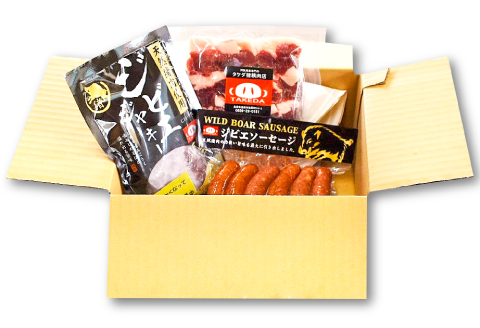 A-407 天然猪おつまみセット3品（ジャーキー・ソーセージ・串焼き用猪肉）【ジャーキー 50g ソーセージ 200g 5～7本入 串焼き用生肉 5本入 肉 猪肉 いのしし肉 ジビエ おやつ 袋のままボイル 網焼き 炭火焼 鉄板焼き おでん おつまみ 詰め合わせ セット 冷凍】