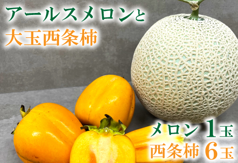 A-644 糖度14度以上のアールスメロン秀品1玉と大玉西条柿6玉のセット