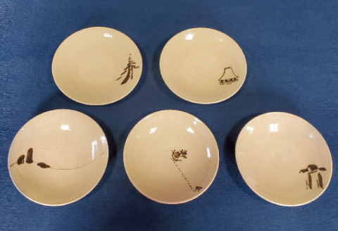 B-466 雪舟焼　益田五景銘々皿【小皿 5枚セット絵皿 雪舟焼 お洒落 お菓子皿 取り皿 食器 器 皿 お皿 陶器 おしゃれ 和陶器 ギフト 贈答 プレゼント 贈り物】