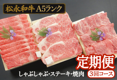 E-299 【定期便】松永和牛A5ランク　焼肉・しゃぶしゃぶ・ステーキ 3回コース 【牛肉 定期便 松永和牛 3回定期 焼肉用 リブロース 500g しゃぶしゃぶ用リブロース 600g サーロインステーキ 600g 150g×4枚 肉 和牛 黒毛和牛 まつなが牛 A5ランク ステーキ 冷凍 コース 定期 贅沢 豪華 記念日 お祝い 全3回】