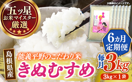 【定期便】五ツ星お米マイスター厳選 能義平野のきぬむすめ 3kg×6ヵ月 【令和7年産 ３KG 6ヶ月 毎月 計18kg 精米 白米 ご飯 お米 美味しい 安心 安全 沼田米穀店 島根県 安来市】【56-NB-09】