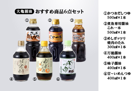 大亀醤油 おすすめ 商品 6点 セット 国産 大亀醤油 醤油 焼肉のたれ めんつゆ だしつゆ 調味料 詰め合わせ YS-15