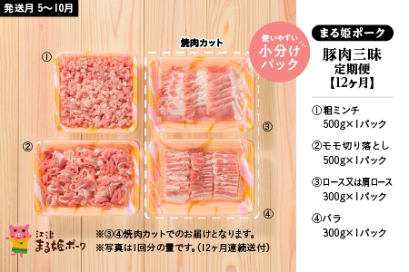 【12/31迄限定寄附額】まる姫ポーク 豚肉三昧 定期便【12ヶ月】約1.6kg(肩ロース バラ モモ切り落とし 粗ミンチ) 合計約19.2kg AK-7 国産 まる姫ポーク 定期便 豚肉