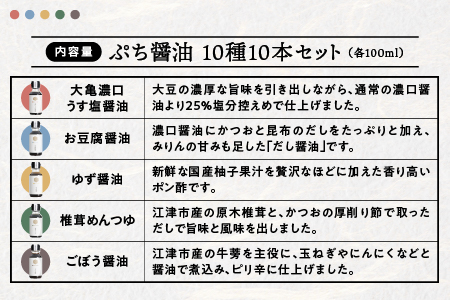大亀醤油 ぷち醤油 10種 (全100ml) 10本 セット 国産 ぷち醤油 しょう油 醤油 しょうゆ 濃口 ポン酢 焼き肉のたれ めんつゆ 調味料ギフト 贈物 プレゼント YS-2