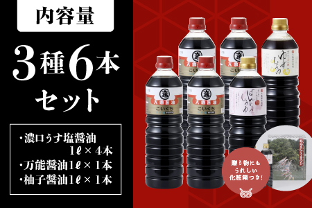大亀醤油 3種 ( 濃口うす塩醤油 ・ 万能醤油 ・ 柚子醤油 ) 6本 セット × 1L （計6L） YS-7 国産 醤油 濃口うす塩醤油 万能醤油 柚子醤油