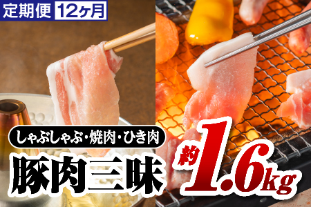 【12/31迄限定寄附額】まる姫ポーク 豚肉三昧 定期便【12ヶ月】約1.6kg(肩ロース バラ モモ切り落とし 粗ミンチ) 合計約19.2kg AK-7 国産 まる姫ポーク 定期便 豚肉