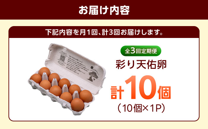 【全3回定期便】黄身の濃厚なコクと白身の甘み！たたらの里平飼い 彩り天佑卵 10個入り（10個×1P）たまご 卵 放牧卵 平飼い卵 新鮮 国産 島根県雲南市/株式会社たなべたたらの里（たなべ森の鶏舎） [AIDL007]