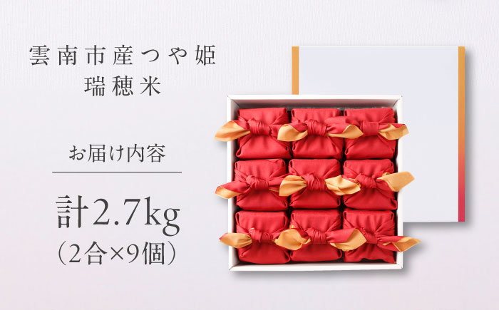 雲南市産つや姫 奥出雲NAORAI 瑞穂米 真空キューブ米 2合×9個セット 計2.7kg 米 コメ 白米 ギフト プレゼント 島根県雲南市/たなべの匠味 [AIBD011]