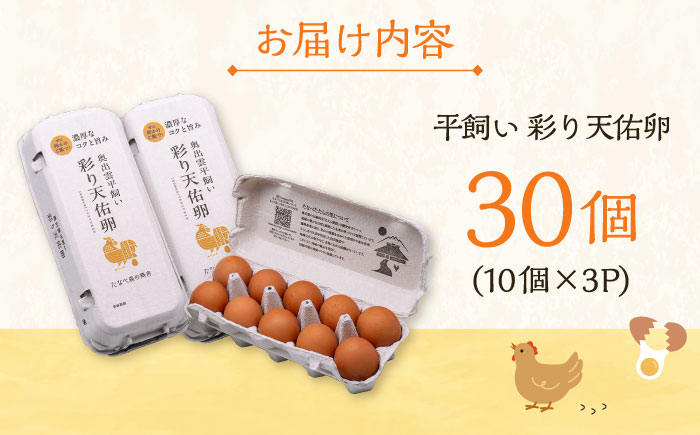 黄身の濃厚なコクと白身の甘み！たたらの里平飼い 彩り天佑卵 30個入り（10個×3P）たまご 卵 放牧卵 平飼い卵 新鮮 国産 島根県雲南市/株式会社たなべたたらの里（たなべ森の鶏舎） [AIDL001]