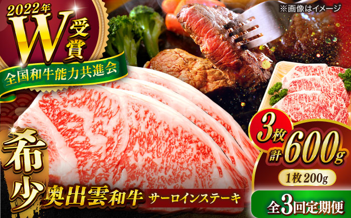 【全3回定期便】【奥出雲和牛】サーロインステーキ 600g(200×3枚) ブランド牛 焼肉 霜降り 高級 人気 ギフト おすすめ 島根県雲南市/島根県農業協同組合　雲南地区本部 畜産加工所 [AIBQ020]