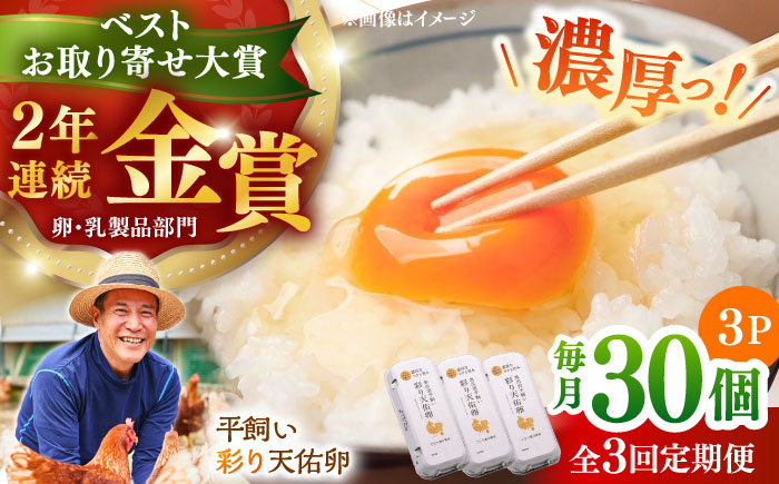【全3回定期便】黄身の濃厚なコクと白身の甘み！たたらの里平飼い 彩り天佑卵 30個入り（10個×3P）たまご 卵 放牧卵 平飼い卵 新鮮 国産 島根県雲南市/株式会社たなべたたらの里（たなべ森の鶏舎） [AIDL002]