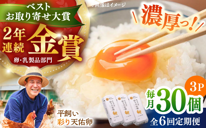 【全6回定期便】黄身の濃厚なコクと白身の甘み！たたらの里平飼い 彩り天佑卵 30個入り（10個×3P）たまご 卵 放牧卵 平飼い卵 新鮮 国産 島根県雲南市/株式会社たなべたたらの里（たなべ森の鶏舎） [AIDL003]