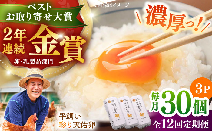 【全12回定期便】黄身の濃厚なコクと白身の甘み！たたらの里平飼い 彩り天佑卵 30個入り（10個×3P）たまご 卵 放牧卵 平飼い卵 新鮮 国産 島根県雲南市/株式会社たなべたたらの里（たなべ森の鶏舎） [AIDL005]