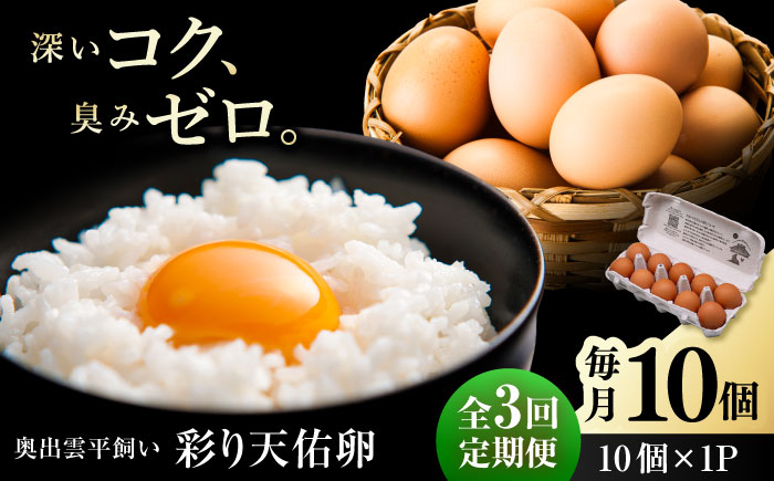【全3回定期便】黄身の濃厚なコクと白身の甘み！たたらの里平飼い 彩り天佑卵 10個入り（10個×1P）たまご 卵 放牧卵 平飼い卵 新鮮 国産 島根県雲南市/株式会社たなべたたらの里（たなべ森の鶏舎） [AIDL007]