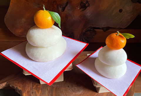 【年末発送・正月セット】鏡餅、敷紙、葉付きみかん〈大小各1セット〉計2セット