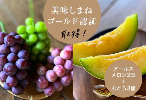 【2026年9月より順次発送・先行受付】アールスメロン2L2玉+ぶどう3種のフルーツ堪能セット【配送不可地域：離島】