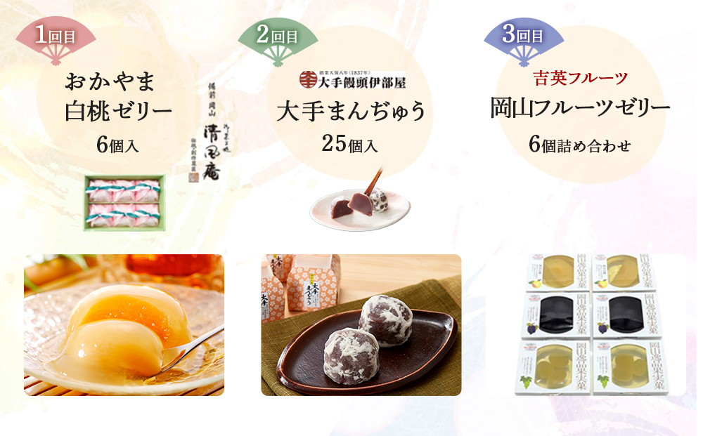 【定期便 6回】岡山和洋スイーツ（大手まんぢゅう・フルーツゼリー・岡山銘菓 詰合せ ・白桃ゼリー・柚子せんべい・ラムチーズケーキ）