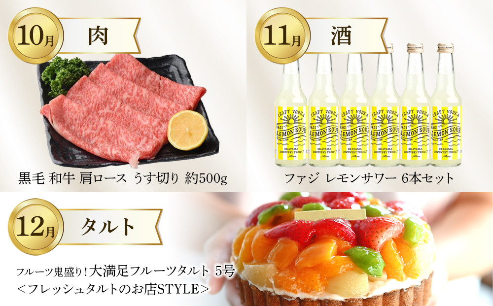 【定期便12回】岡山市の特産品を毎月お届けします （お肉・お酒・スイーツ・アイス・フルーツ）