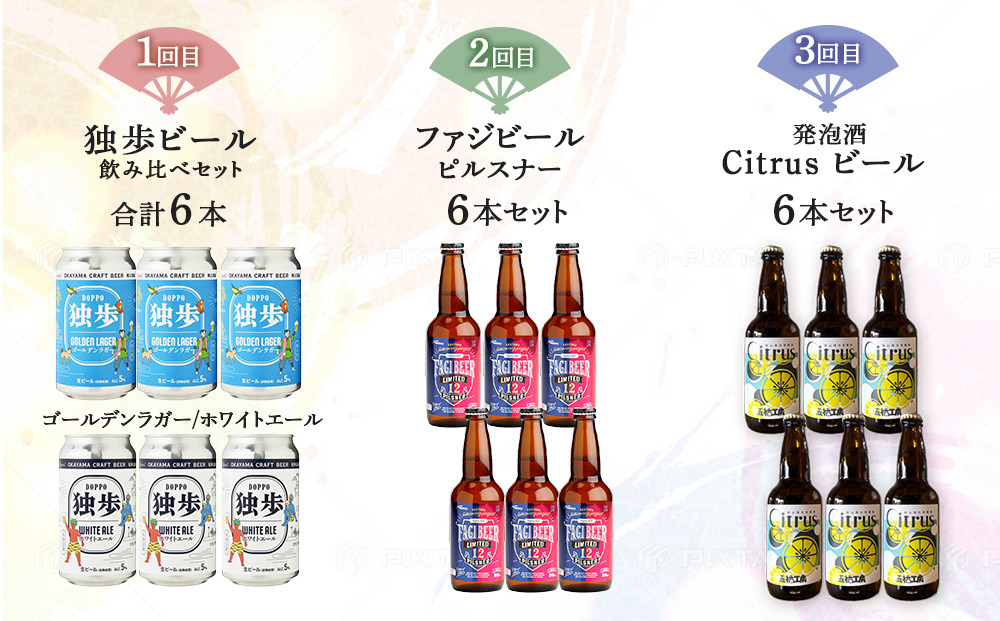 【定期便3回】岡山市 厳選 地ビールを毎月お届け！ （独歩ビール・ファジビール・ Citrusビール）