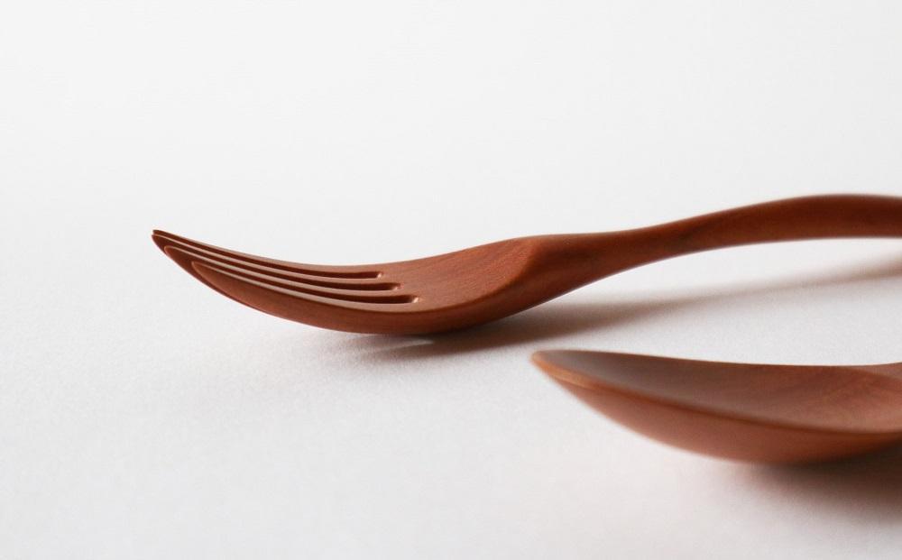 木のカレースプーン・パスタフォーク 各1本（2本組／1セット）やまざくら　手仕事品