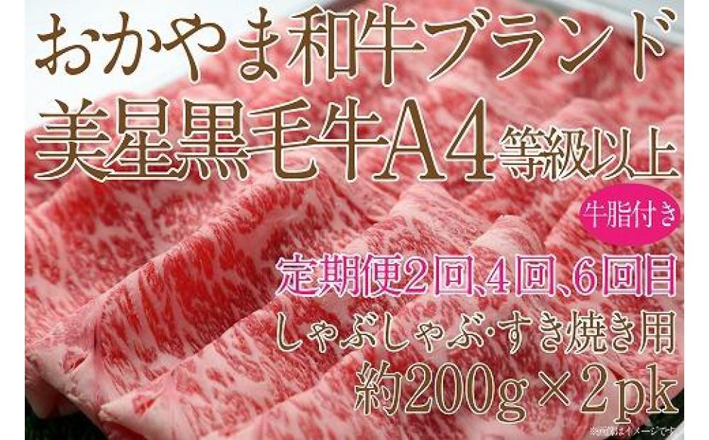 【定期便6か月】岡山　黒毛和牛　美星牛　A４等級以上　牛脂付き　6か月定期便 1・3・5回目サーロイン約400g　2・4・6回目しゃぶしゃぶすき焼き約400g　合計約２４００g　 生産者直送便　美星牧場　定期便