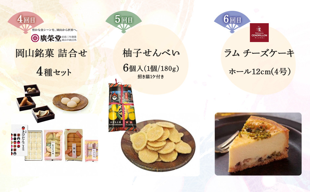 【定期便 6回】岡山和洋スイーツ（大手まんぢゅう・フルーツゼリー・岡山銘菓 詰合せ ・白桃ゼリー・柚子せんべい・ラムチーズケーキ）