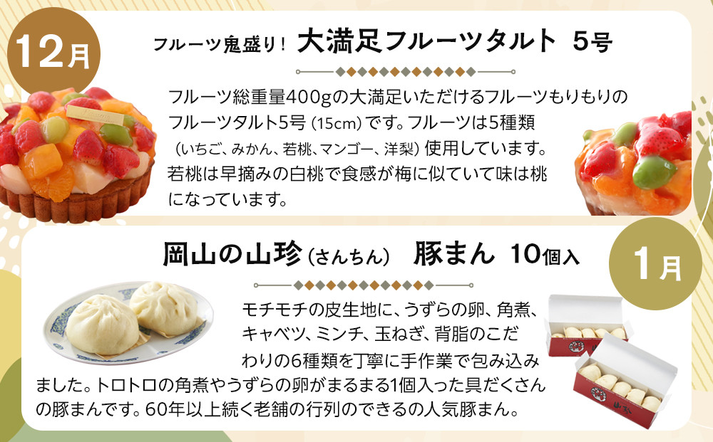 【定期便6回】岡山市の特産品を毎月お届けします （お肉・お酒・スイーツ・アイス・肉まん）