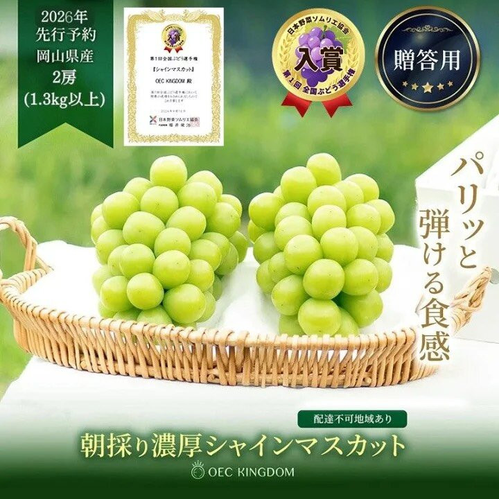 ぶどう 2026年  シャイン マスカット 2房（合計1.3kg以上）【第1回全国ぶどう選手権入賞】| 贈答クラス  ブドウ 葡萄  岡山県産 国産 フルーツ 果物 ギフト OEC KINGDOM ぶどう家