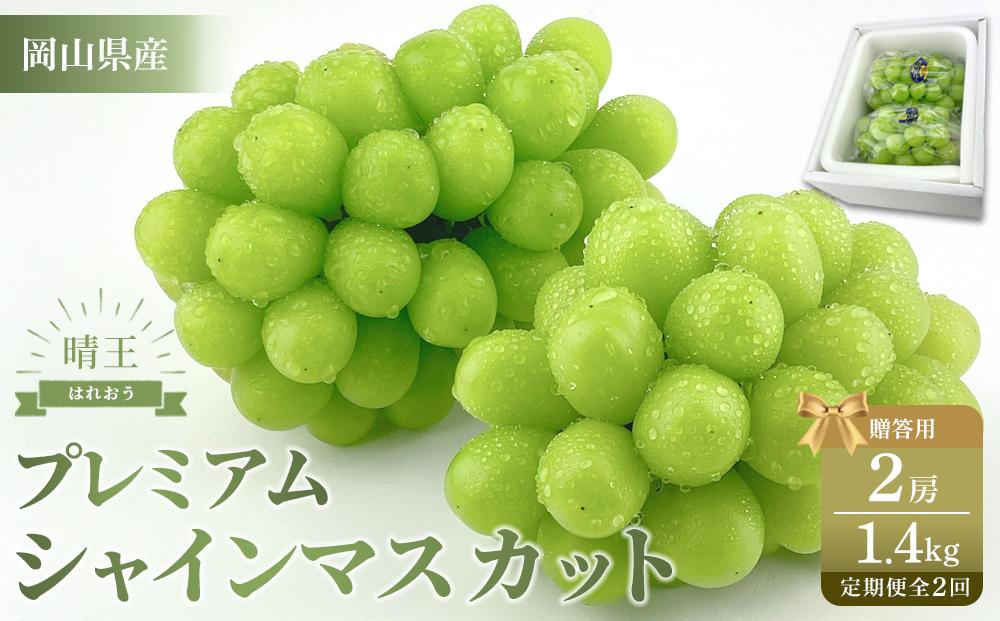 【定期便 全2回】2025年 プレミアム　シャイン　マスカット  晴王 2房 約1.4ｋg  2回定期便　９月・１０月に１回づつお届け　岡山県産　船穂産　赤秀品  種無し 皮ごと食べる フレッシュ 贈答用　ハレノフルーツ
