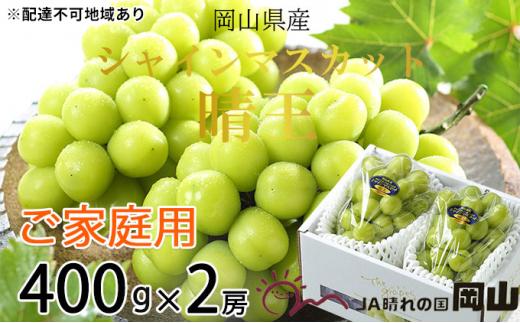 ぶどう 2026年  ご家庭用 シャイン マスカット 晴王 約400g×2房 ブドウ 葡萄  岡山県産 国産 フルーツ 果物
