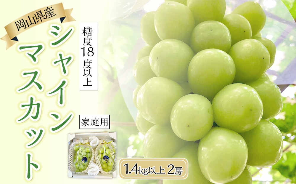  家庭用 2026年 糖度18度以上 岡山県産 シャインマスカット 700g以上 2房 1.4kg以上  ＜9月以降発送＞