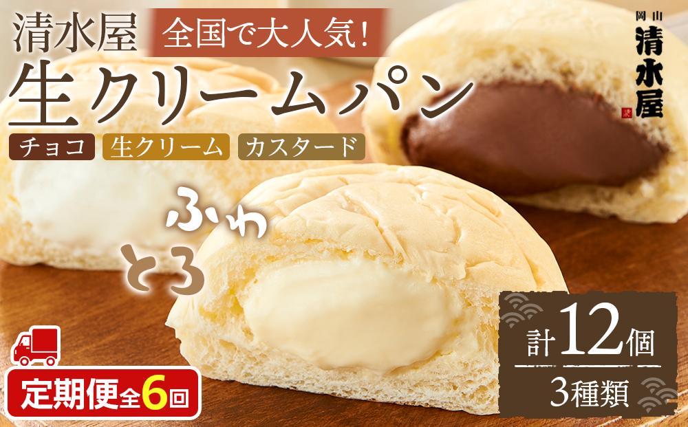 【定期便全6回】＜究極のふわとろ食感＞清水屋 生クリームパン 12個 3種（カスタード・生クリーム・チョコ）