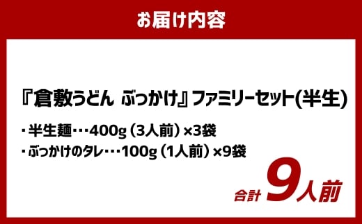 『倉敷うどん ぶっかけ』ファミリーセット(半生) 9人前 うどん 麺類 麺 半生 半生麺 ぶっかけうどん タレ つゆ 岡山県 倉敷市