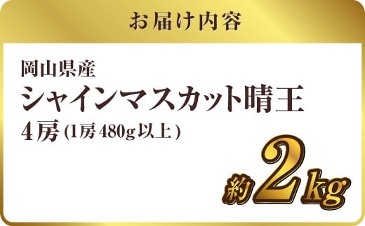 【先行予約】岡山県産 シャインマスカット 『晴王』 4房（1房480g以上）約2kg【2026年8月下旬～10月上旬まで順次発送予定】【シャインマスカット 果物 フルーツ 国産 人気 おすすめ 岡山県 倉敷市】