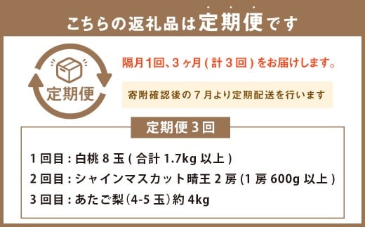 ［2026年先行予約］ 岡山県産 果物定期便 3回コース【2026年7月上旬～11月下旬まで順次発送予定】【もも 桃 シャインマスカット 梨 なし あたご梨 果物 フルーツ 国産 人気 おすすめ 岡山県 倉敷市】
