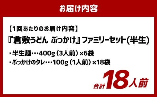 【6ヶ月定期便】『倉敷うどん ぶっかけ』ファミリーセット(半生) 18人前×6回 うどん 麺類 麺 半生 半生麺 ぶっかけうどん タレ つゆ 岡山県 倉敷市