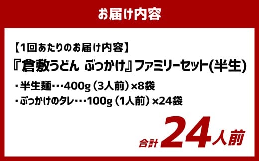 【12ヶ月定期便】『倉敷うどん ぶっかけ』ファミリーセット(半生) 24人前×12回 うどん 麺類 麺 半生 半生麺 ぶっかけうどん タレ つゆ 岡山県 倉敷市