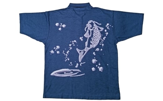 倉敷染　272SD半袖ポロシャツ昇り鯉刺繍調プリント入　ミッドナイトブルー