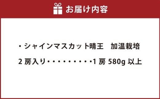シャインマスカット晴王 2房入り（1房 580g以上） 加温栽培【2026年7月上旬～8月上旬まで順次発送予定】マスカット フルーツ 岡山フルーツ おすすめフルーツ 岡山県 倉敷市