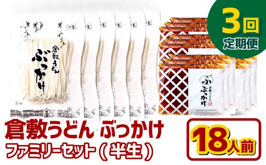 【3ヶ月定期便】『倉敷うどん ぶっかけ』ファミリーセット(半生) 18人前×3回 うどん 麺類 麺 半生 半生麺 ぶっかけうどん タレ つゆ 岡山県 倉敷市