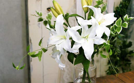 水替え不要!!「ユリの女王」 優美なカサブランカとグリーン ガラス花瓶付きアレンジ【アーティフィシャルフラワー 造花 ユリ カサブランカ グリーン 花瓶 お花 花 岡山県 倉敷市 おすすめ 人気】