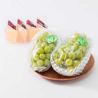 【2026年度発送分】朝採れ新鮮シャインマスカット2房＆ピオーネと白桃果肉ごろっとジュレセット【配送不可地域：離島・北海道・沖縄県】