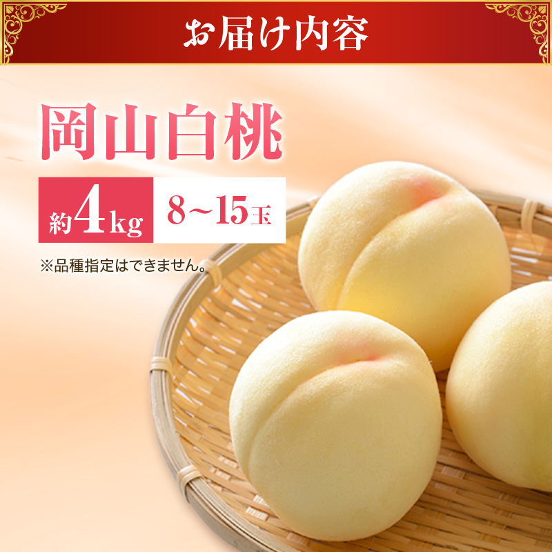 【2026年先行受付】 白桃 岡山 秀品 大玉 約4kg(8～15玉) 岡山県産 桃 もも モモ 御中元 ギフト 御礼 プレゼント 御礼 御祝 御供 果物 くだもの フルーツ