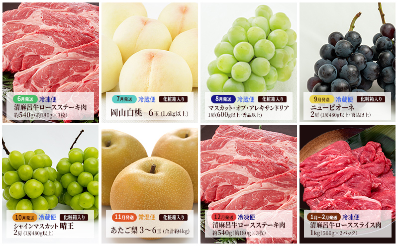 フルーツ 牛肉 定期便 2024年 先行予約 晴れの国 岡山 の 旬の フルーツ と お肉 の 定期便 8回コース 桃 もも 葡萄 ぶどう 梨 なし 肉 岡山県産 国産 果物 ギフト