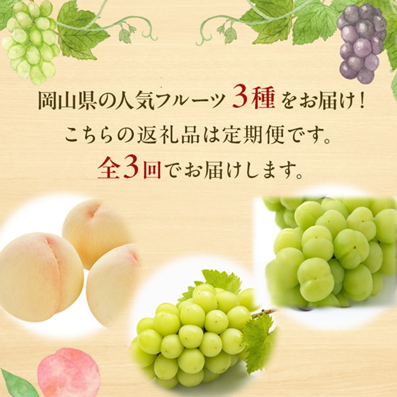 先行予約 晴れの国 岡山のフルーツ 定期便 3回コース 1回目 岡山 白桃6玉 合計約1.2kg／2回目 桃太郎ぶどう２房 合計約1kg／シャインマスカット 2房 合計約1kg