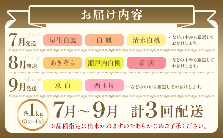 【2026年発送先行予約】 桃 3ヶ月 定期便 岡山 の 桃 3種 食べ比べ 各1kg 計3kg 晴れの国おかやま館(漂流岡山)《2026年7月中旬-9月中旬頃出荷》岡山県 笠岡市 桃 もも 果物 フルーツ デザート 送料無料【配送不可地域あり】（離島）---H-49_2026---