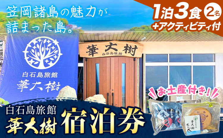 白石島旅館 華大樹 宿泊券 1泊3食付 ＋アクティビティ (2名) 華大樹《30日以内に出荷予定(土日祝除く)》岡山県 笠岡市 送料無料 チケット 食事 付き 宿泊 旅行 笠岡諸島---H‐44---